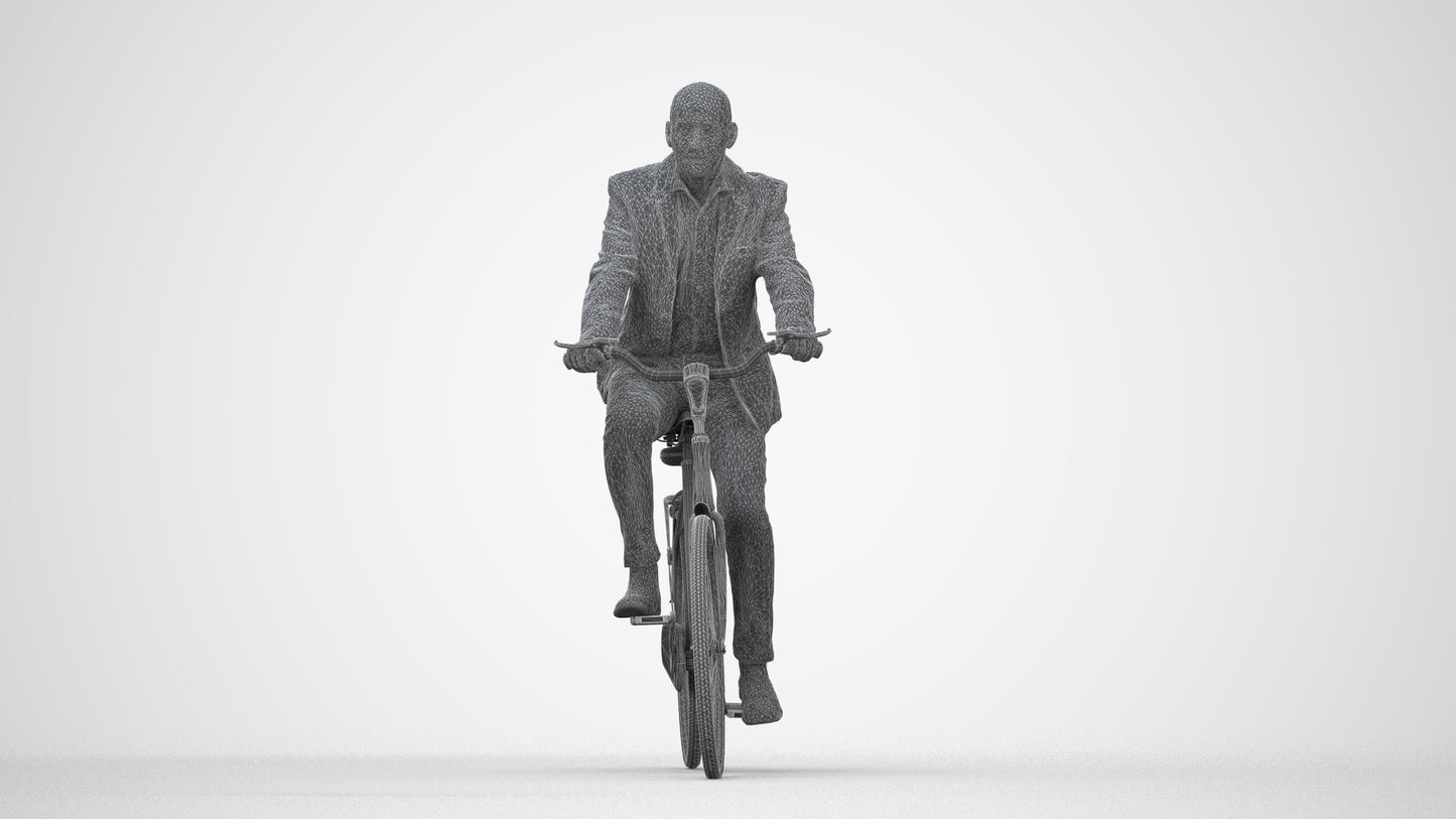 realistic 3D senior man business cycling, scanned archviz people for Blender and 3ds Max, wireframe back view