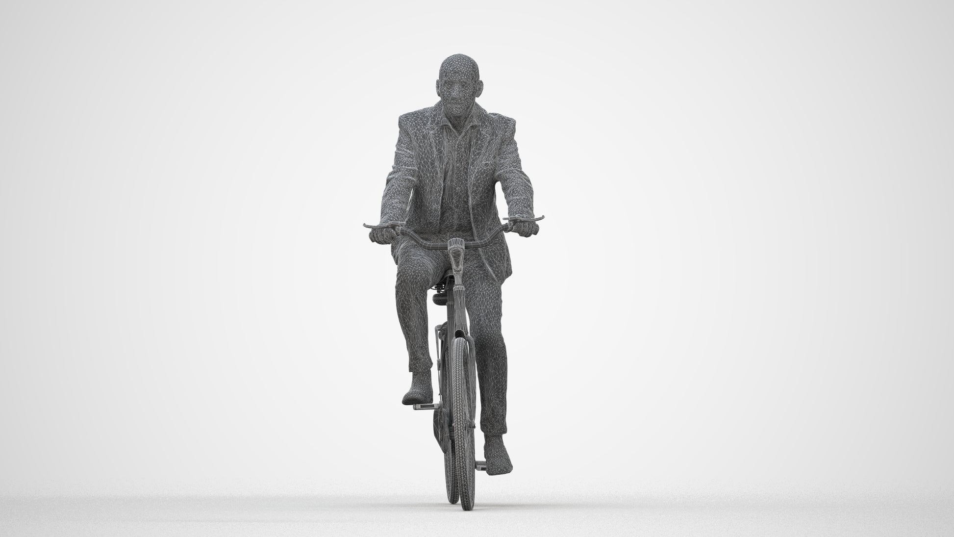 realistic 3D senior man business cycling, scanned archviz people for Blender and 3ds Max, wireframe back view
