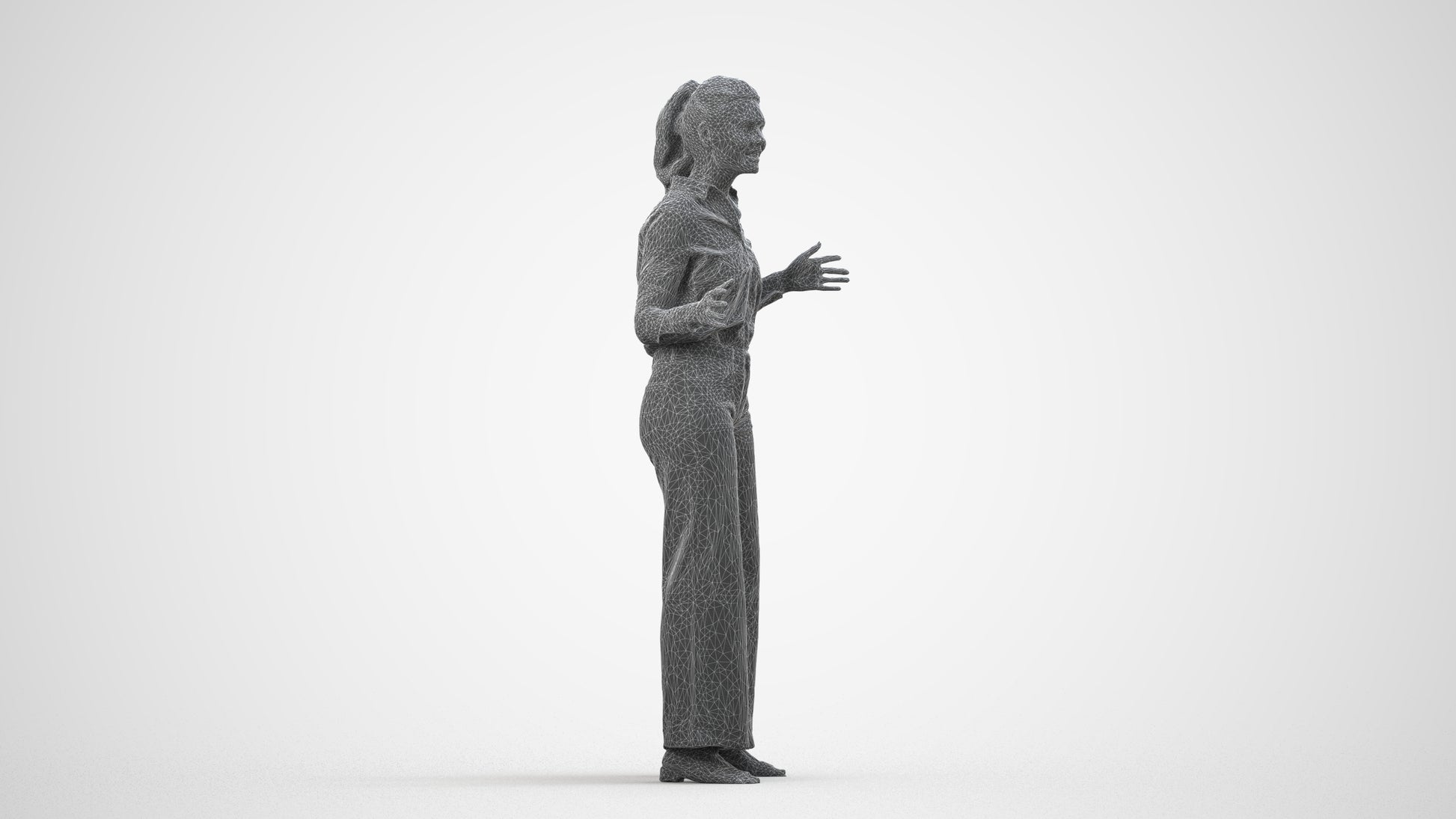 scanned 3D woman casual standing, photogrammetry people for Enscape and V-Ray, wireframe side view