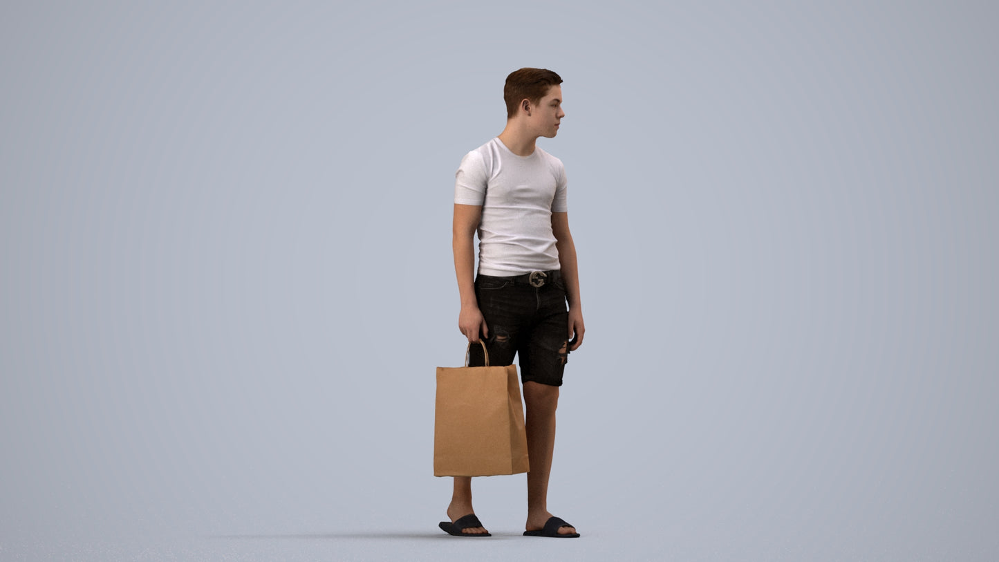 3D human model boy casual kids, photogrammetry scanned person for archviz, side view render