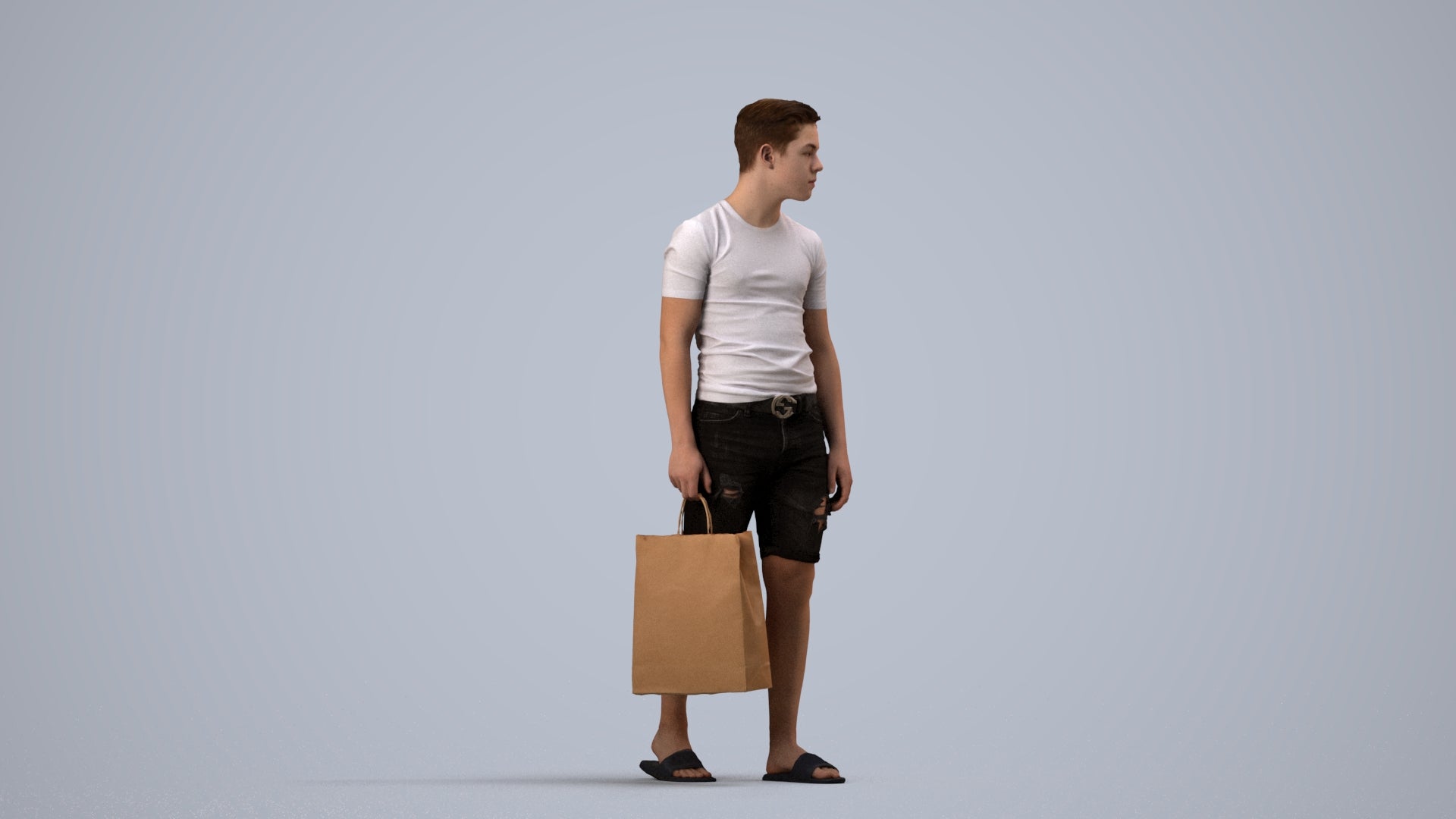 3D human model boy casual kids, photogrammetry scanned person for archviz, side view render