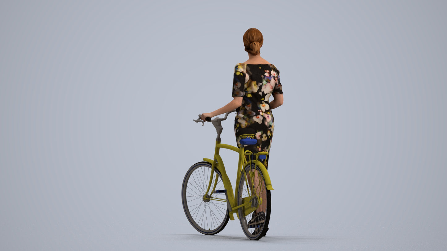realistic 3D senior woman casual cycling, scanned archviz people for Blender and 3ds Max, front view render