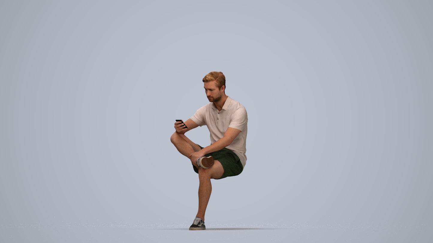 photogrammetry 3D man casual sitting, realistic human model archviz FBX, top-down view render