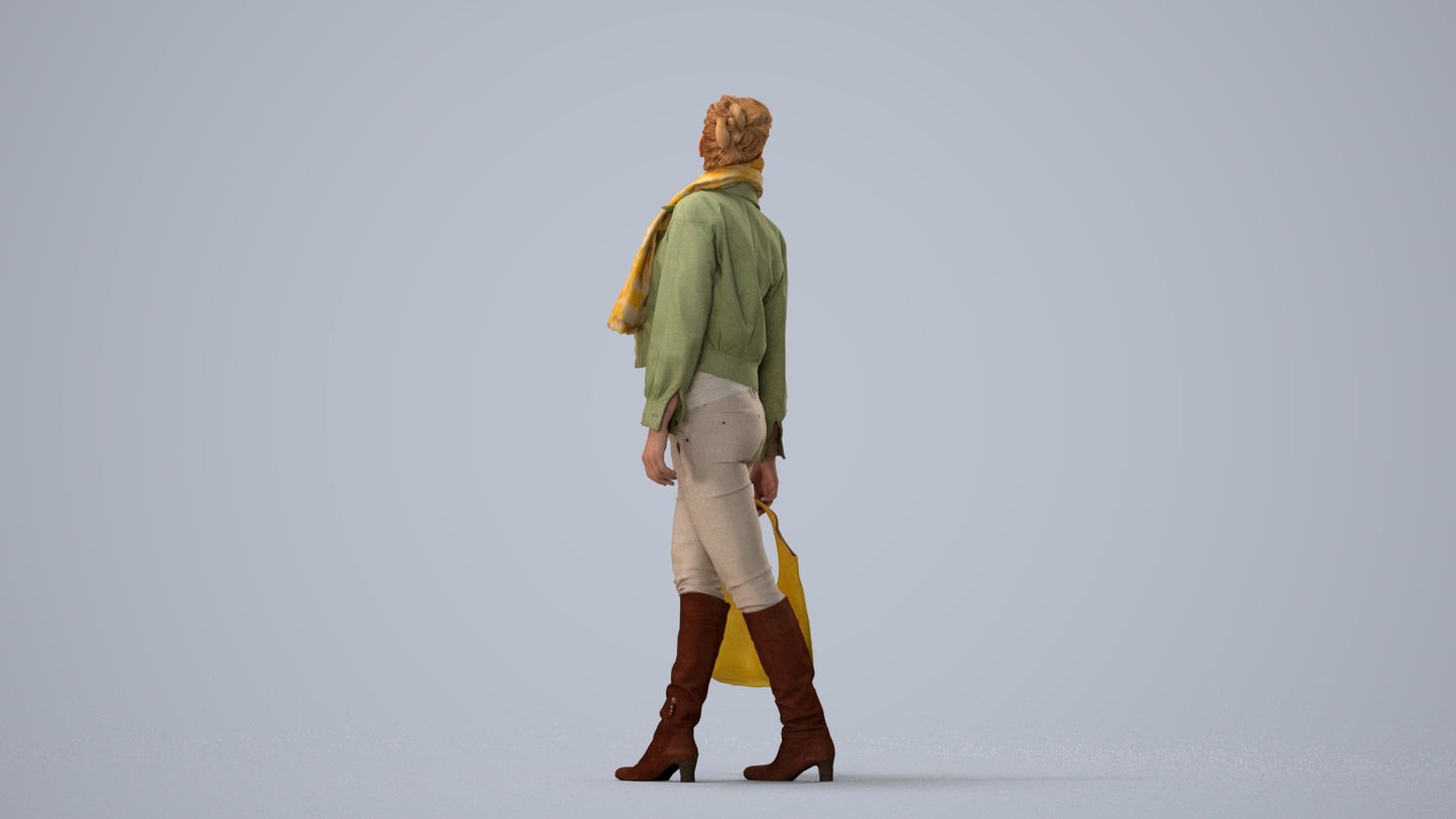 realistic 3D human woman casual walking, archviz people FBX OBJ for Blender, three-quarter view render