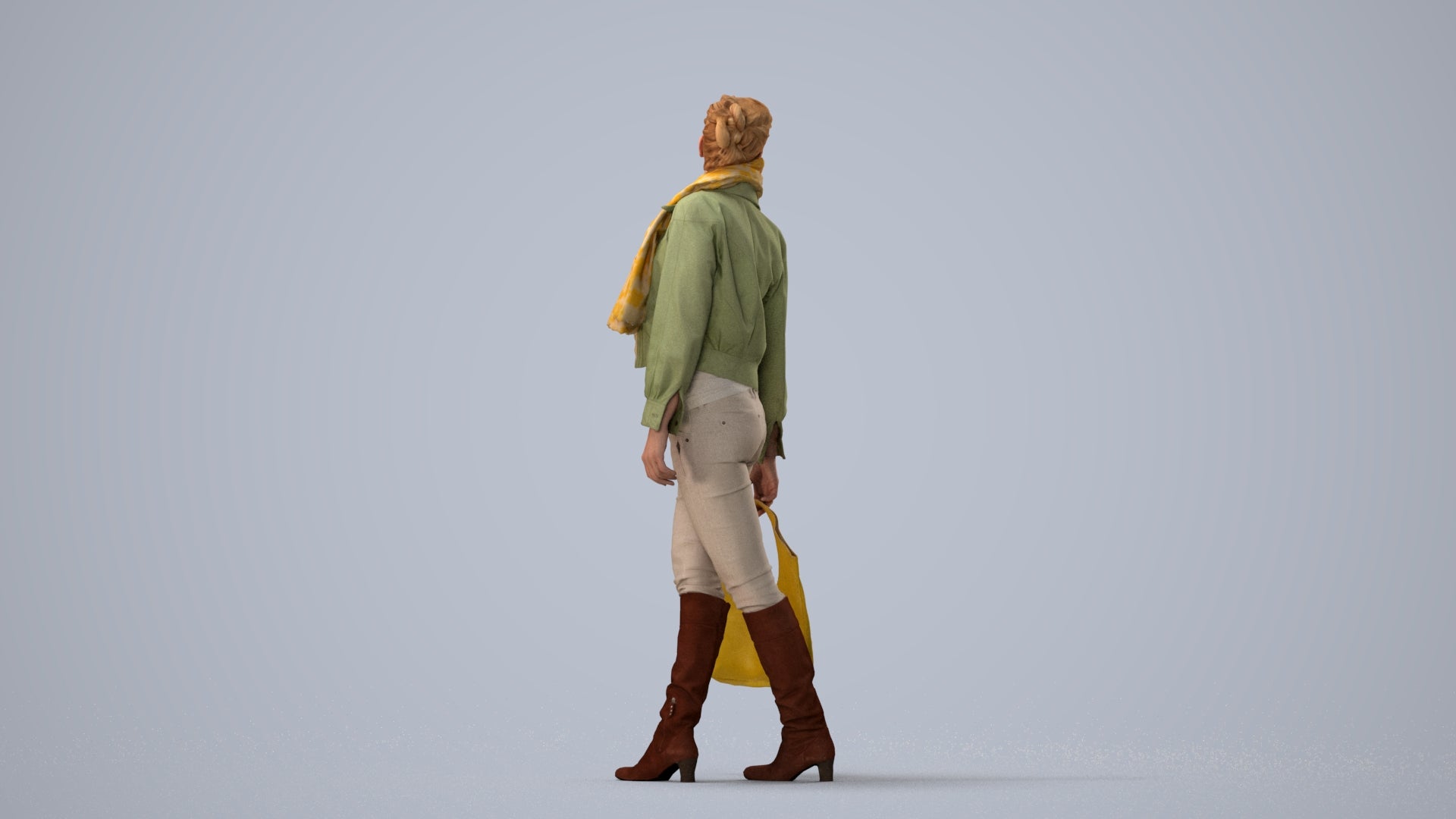 realistic 3D human woman casual walking, archviz people FBX OBJ for Blender, three-quarter view render