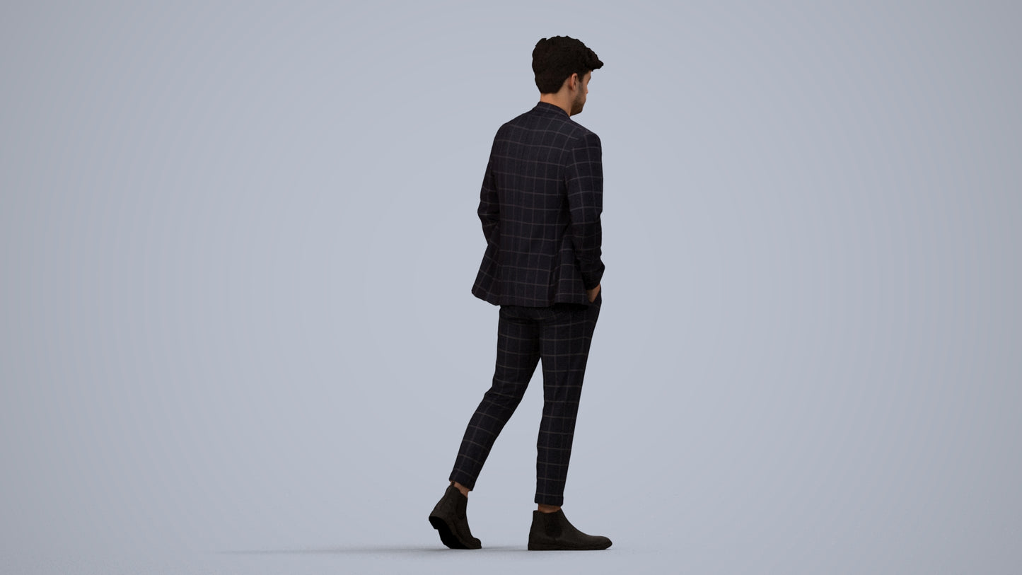 3D human model man business walking, photogrammetry scanned person for archviz, side view render