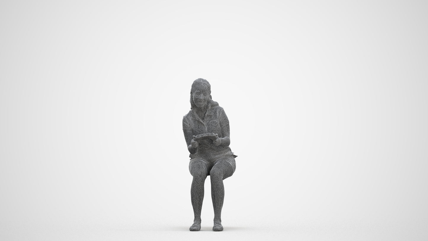 realistic 3D human woman casual sitting, archviz people FBX OBJ for Blender, three-quarter front view render