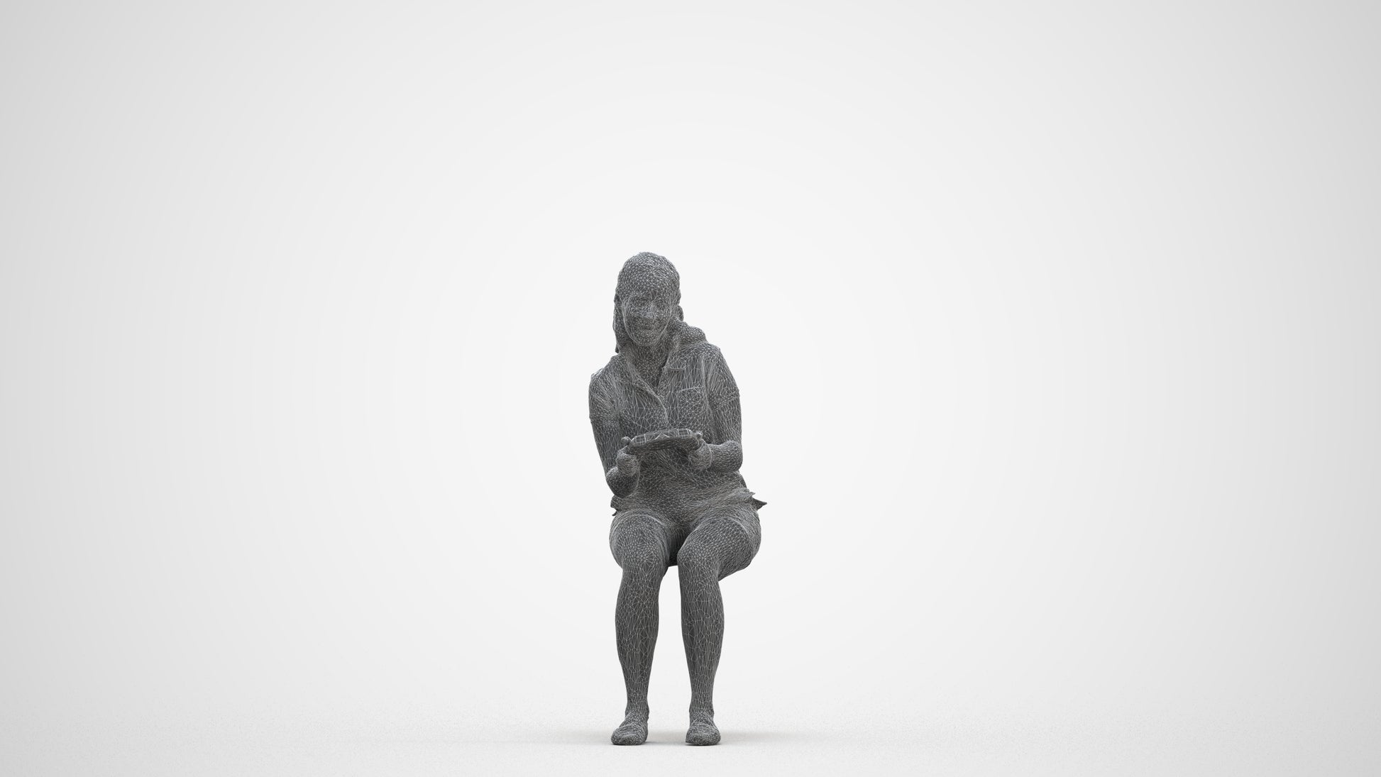 realistic 3D human woman casual sitting, archviz people FBX OBJ for Blender, three-quarter front view render