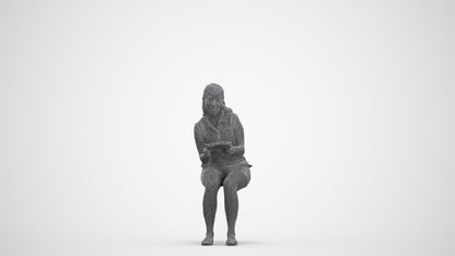 realistic 3D human woman casual sitting, archviz people FBX OBJ for Blender, three-quarter front view render