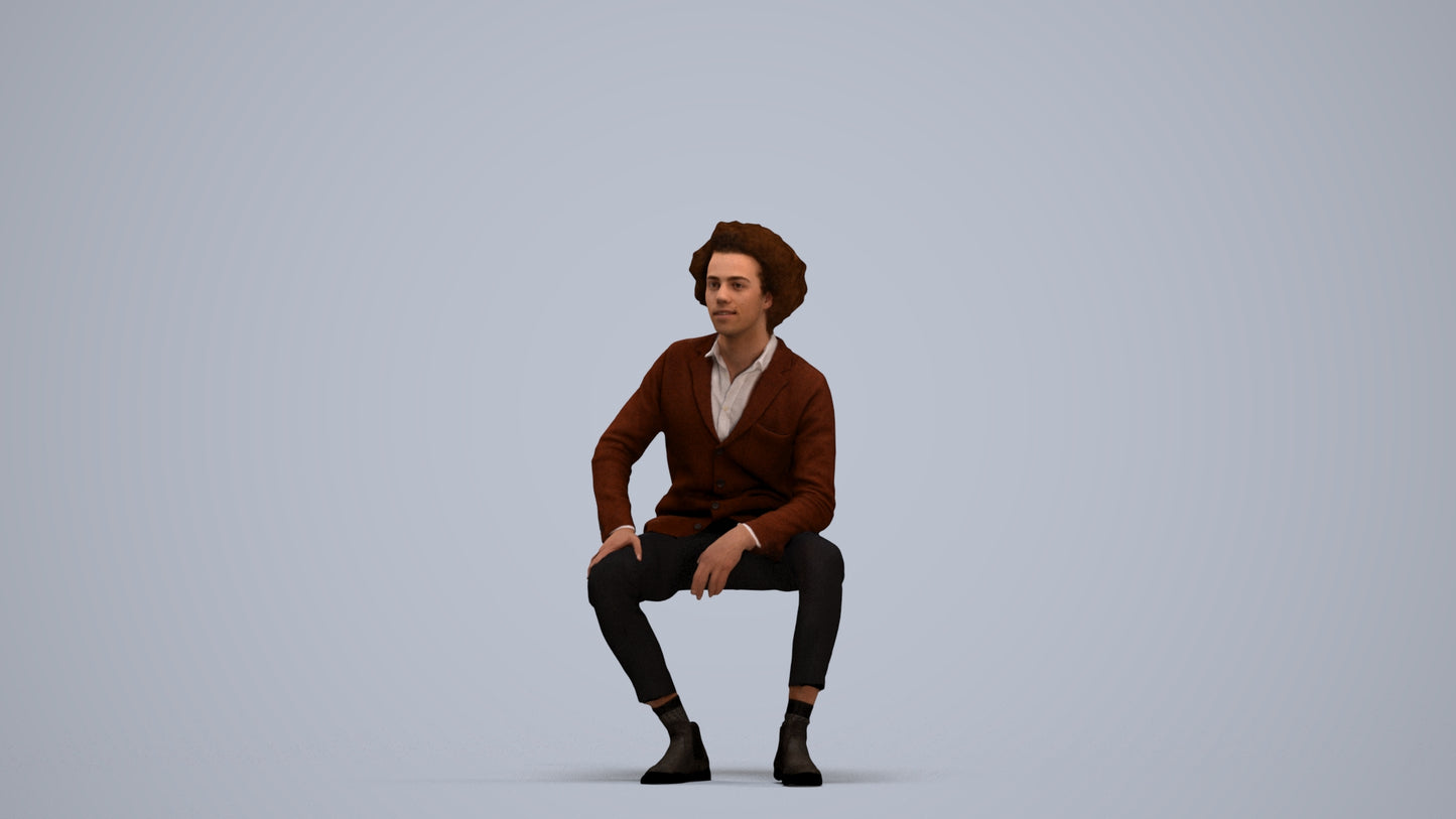 3D human model man business sitting, photogrammetry scanned person for archviz, standing pose render