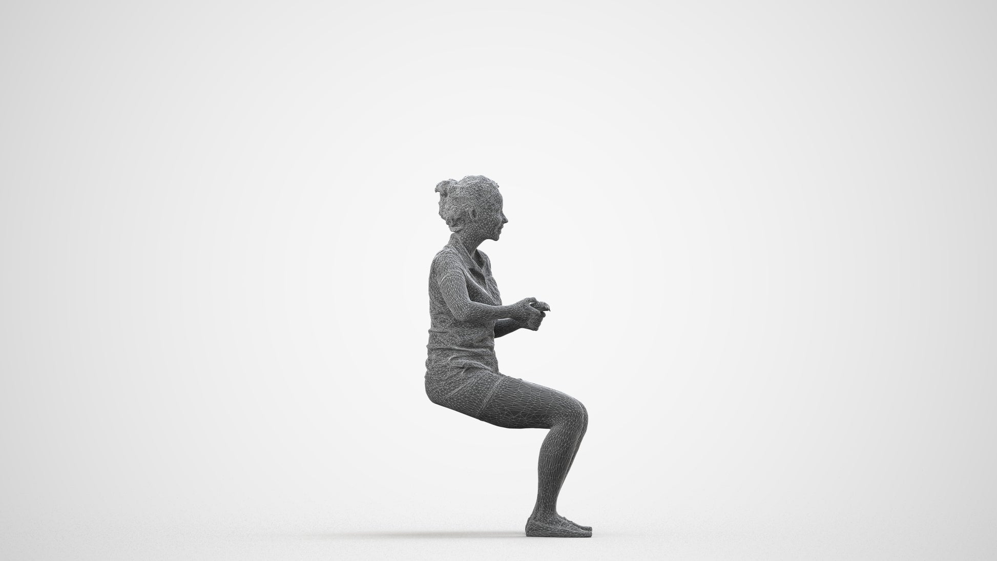 3D scanned woman sitting casual, photorealistic archviz people for Enscape and SketchUp, wireframe side view