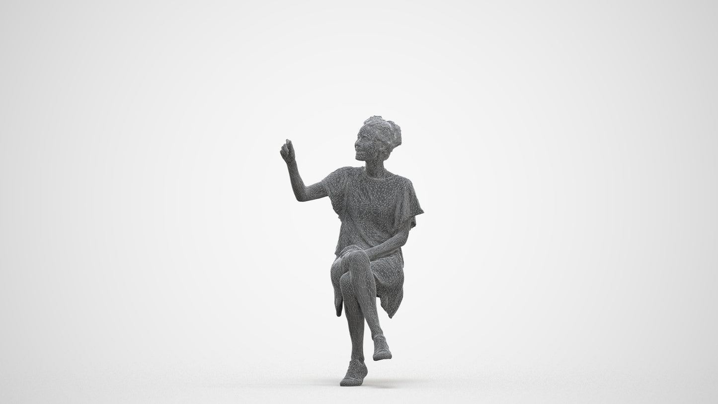 3D human model woman casual sitting, photogrammetry scanned person for archviz, three-quarter front view render