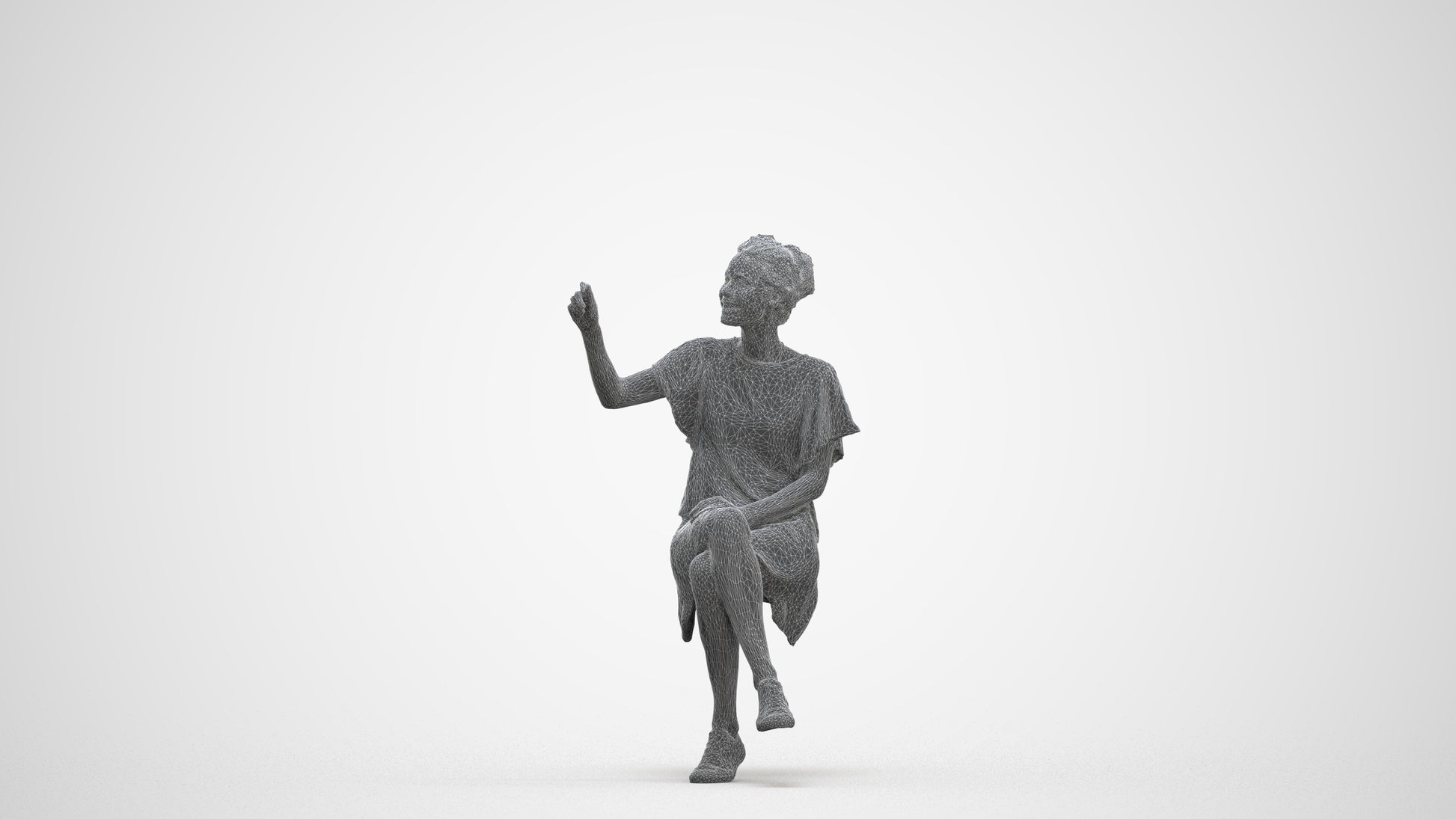 3D human model woman casual sitting, photogrammetry scanned person for archviz, three-quarter front view render