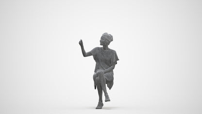 3D human model woman casual sitting, photogrammetry scanned person for archviz, three-quarter front view render