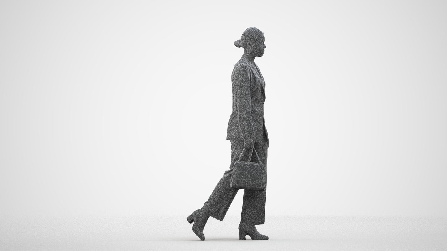 realistic 3D woman business walking, scanned archviz people for Blender and 3ds Max, wireframe side view