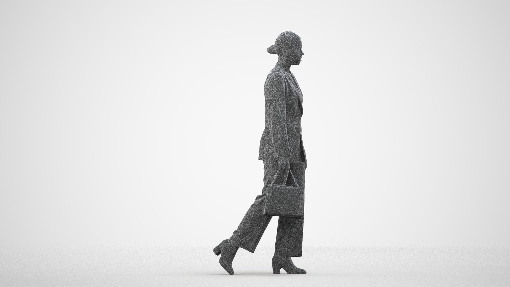 realistic 3D woman business walking, scanned archviz people for Blender and 3ds Max, wireframe side view