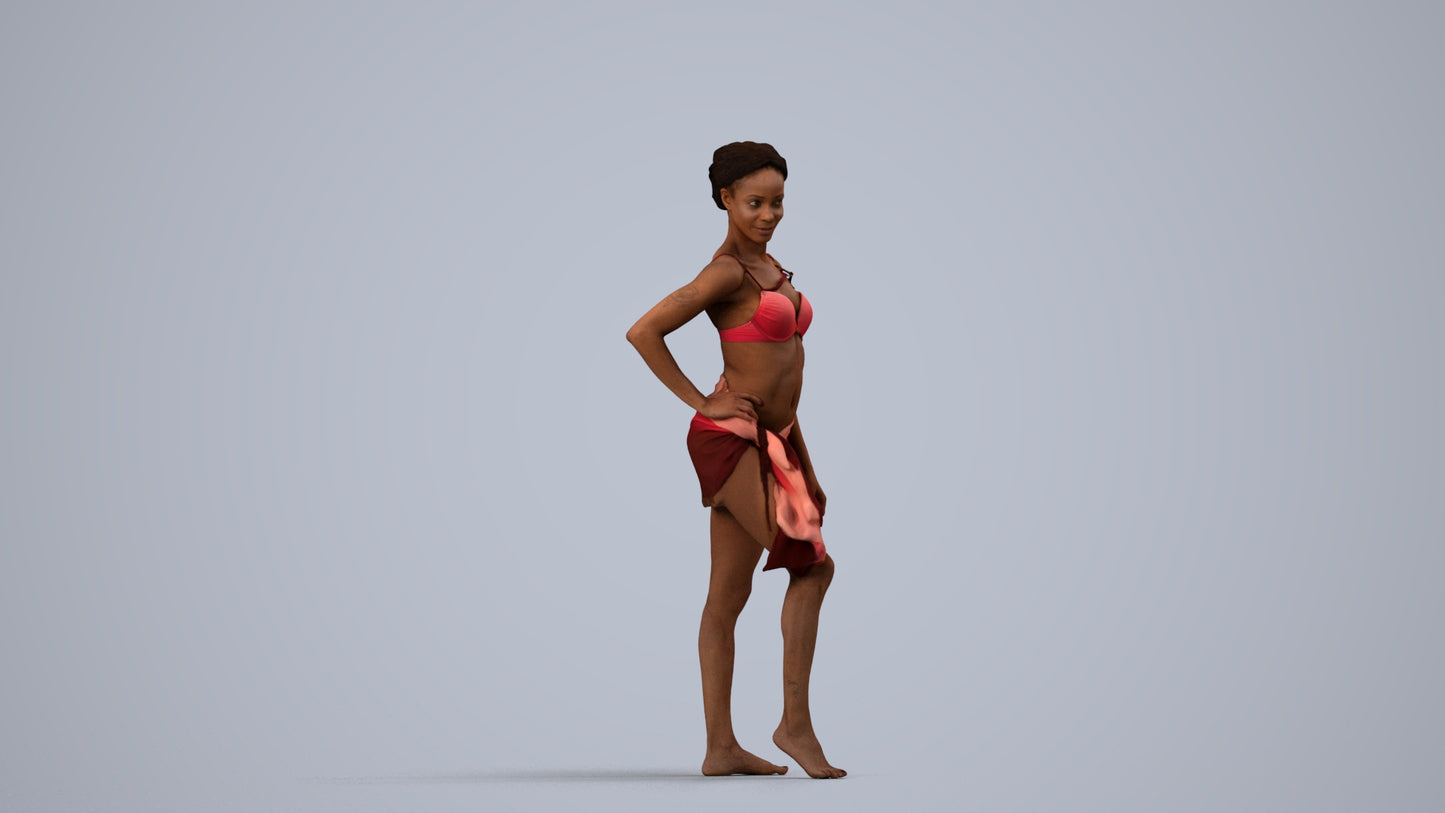 3D human model woman pool, photogrammetry scanned person for archviz, side view render