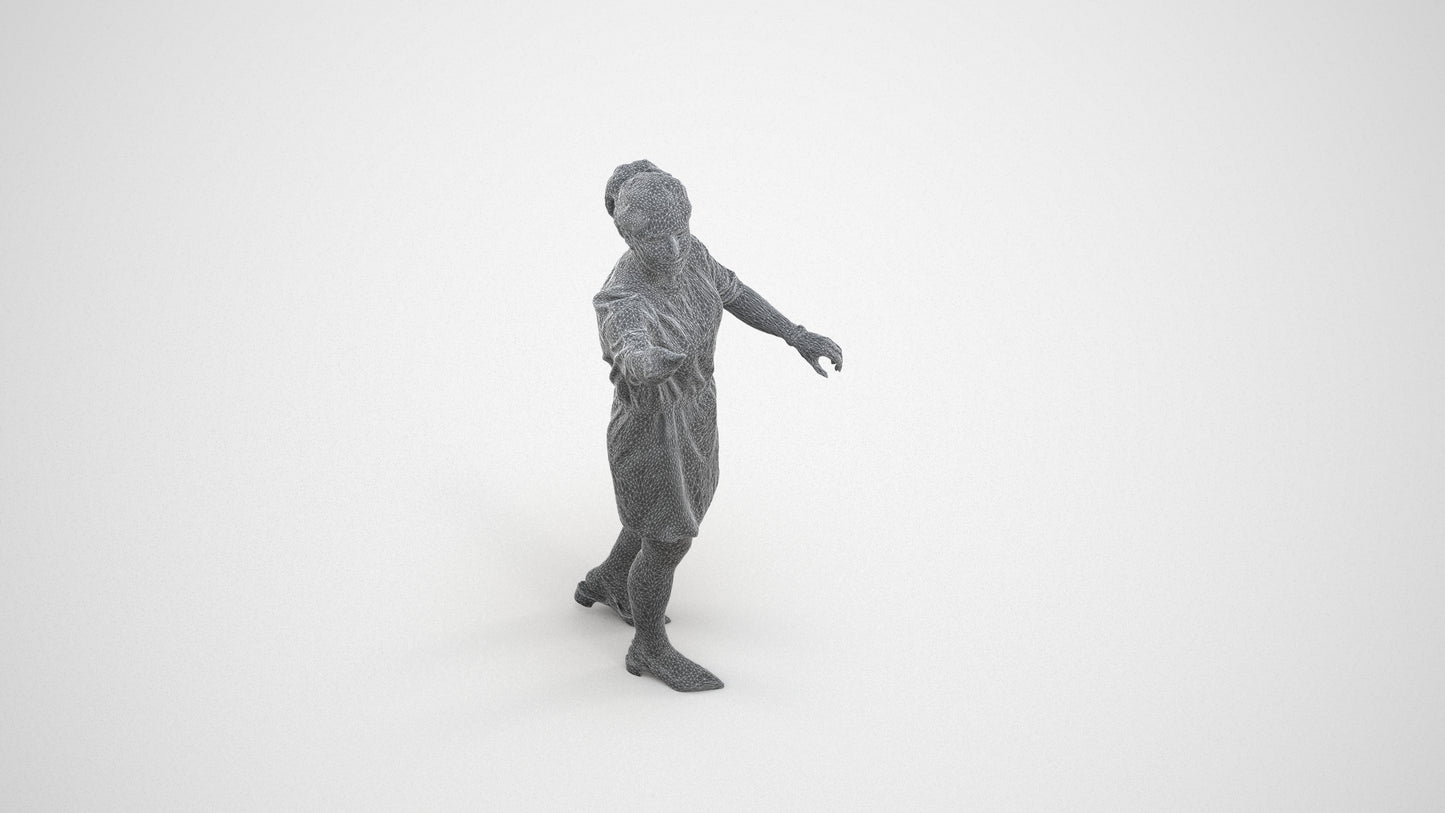 realistic 3D woman casual standing, scanned archviz people for Blender and 3ds Max, wireframe three-quarter view