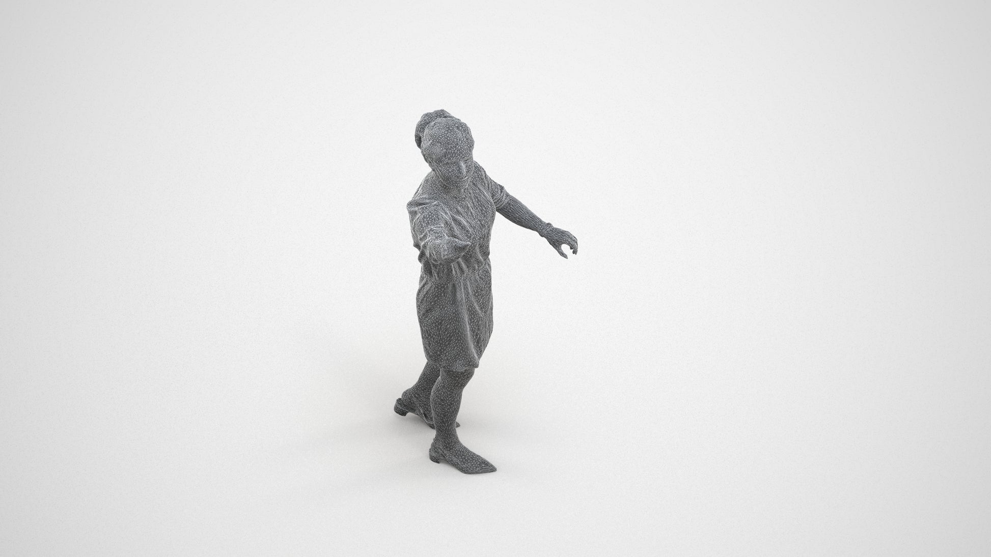 realistic 3D woman casual standing, scanned archviz people for Blender and 3ds Max, wireframe three-quarter view