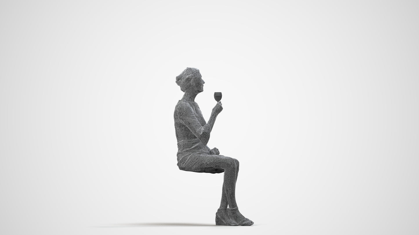 3D scanned senior woman sitting formal, photorealistic archviz people for Enscape and SketchUp, wireframe side view