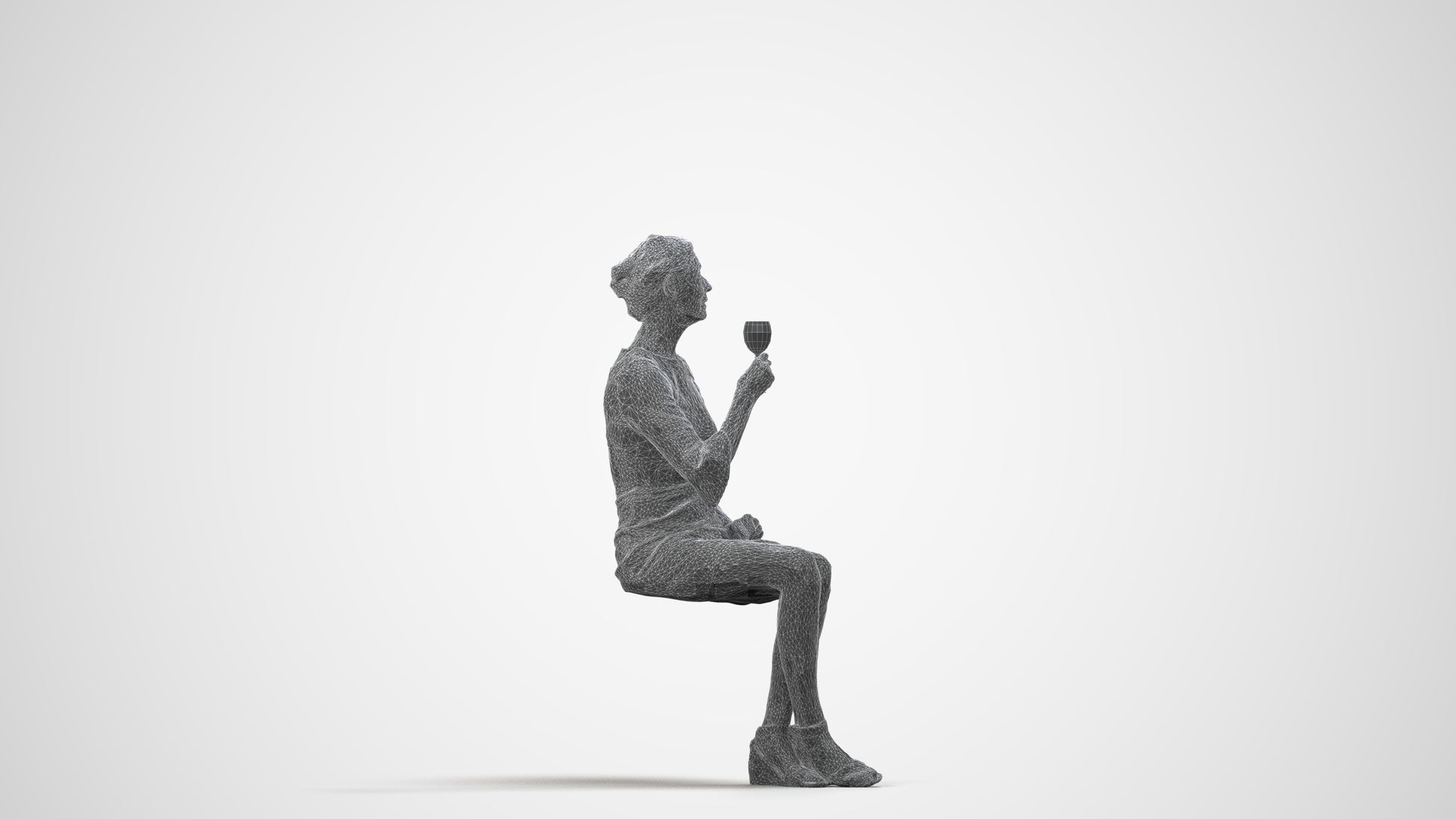 3D scanned senior woman sitting formal, photorealistic archviz people for Enscape and SketchUp, wireframe side view