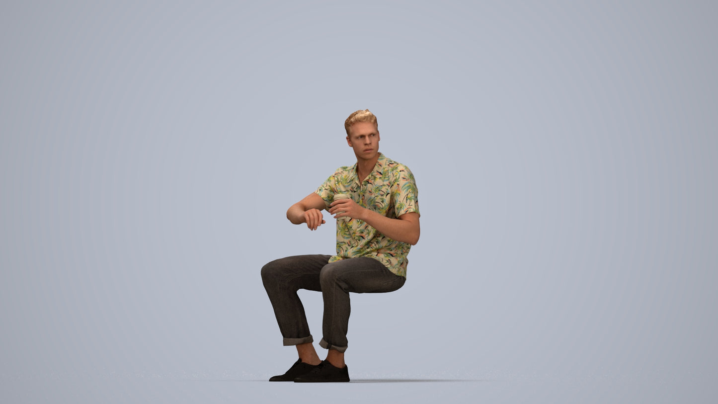 3D people model man casual sitting, scanned human for 3ds Max rendering, top-down view render