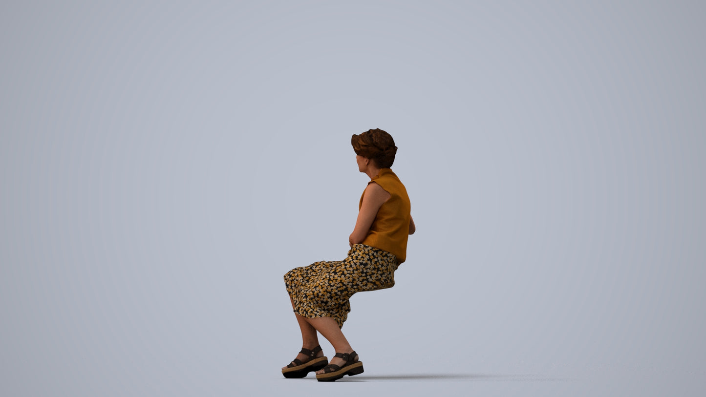 3D scanned woman sitting casual, photorealistic archviz people for Enscape and SketchUp, three-quarter view render