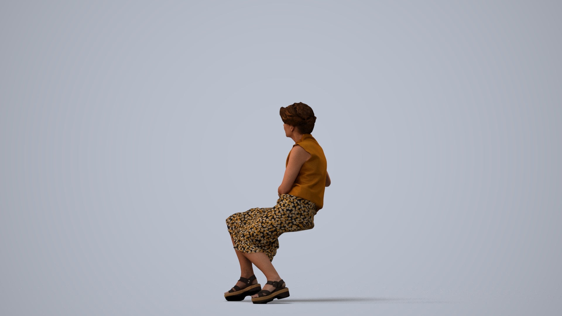3D scanned woman sitting casual, photorealistic archviz people for Enscape and SketchUp, three-quarter view render