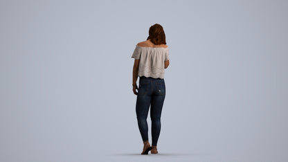 realistic 3D woman casual walking, scanned archviz people for Blender and 3ds Max, front view render