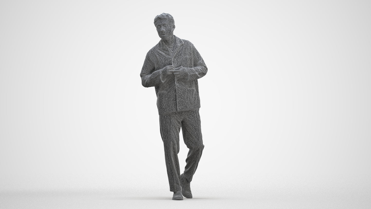 photogrammetry 3D man casual walking, realistic human model archviz FBX, three-quarter front view render