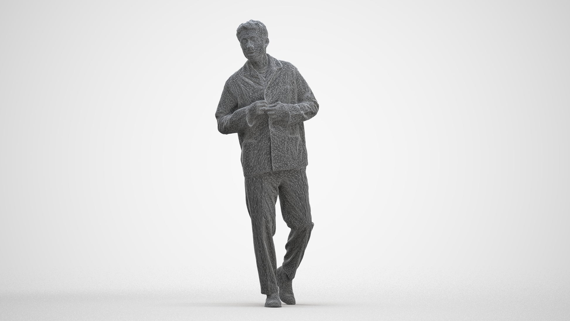 photogrammetry 3D man casual walking, realistic human model archviz FBX, three-quarter front view render