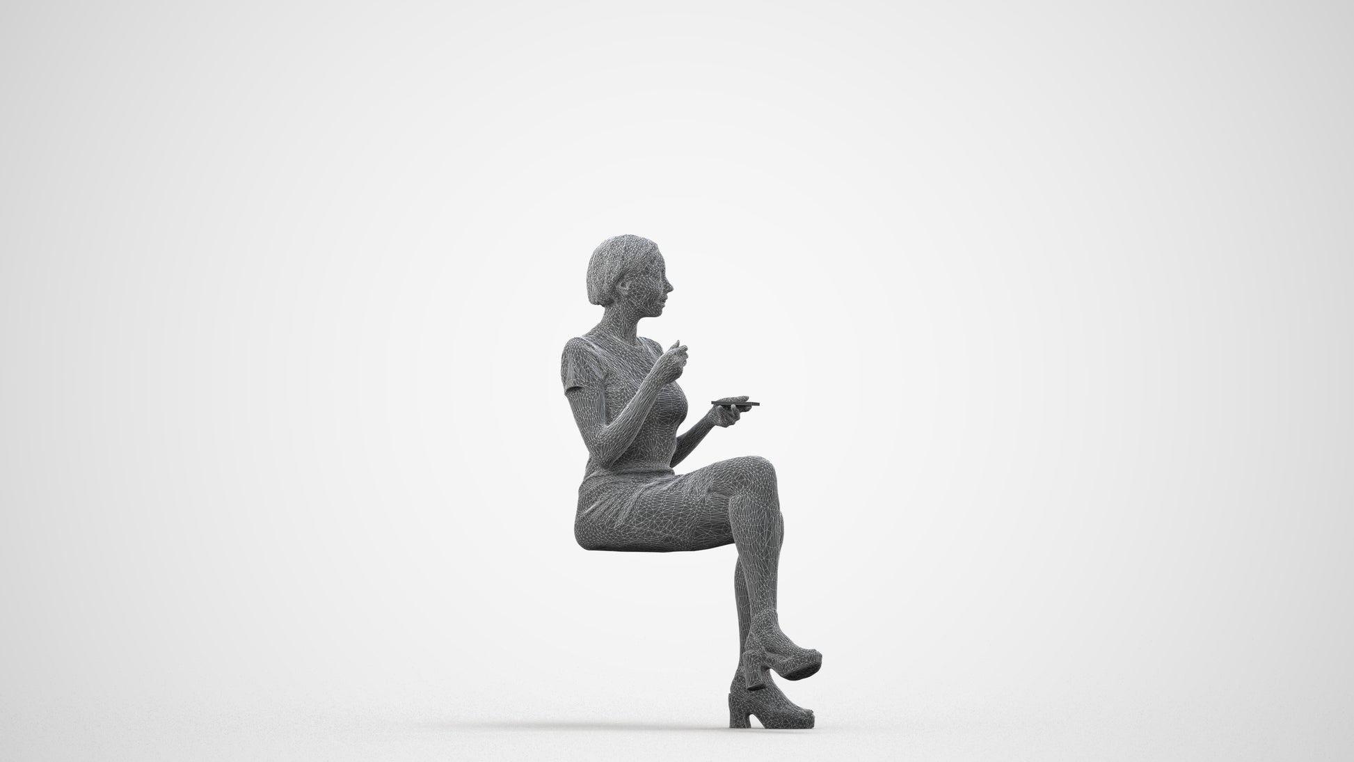 realistic 3D people woman business sitting, render-ready for V-Ray and Corona, FBX OBJ, wireframe side view