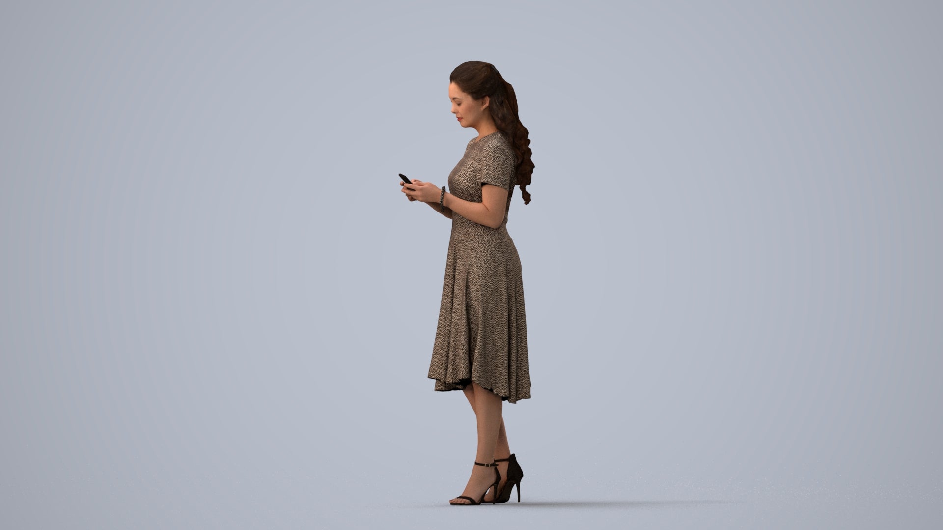 photogrammetry 3D woman casual standing, realistic human model archviz FBX, three-quarter view render