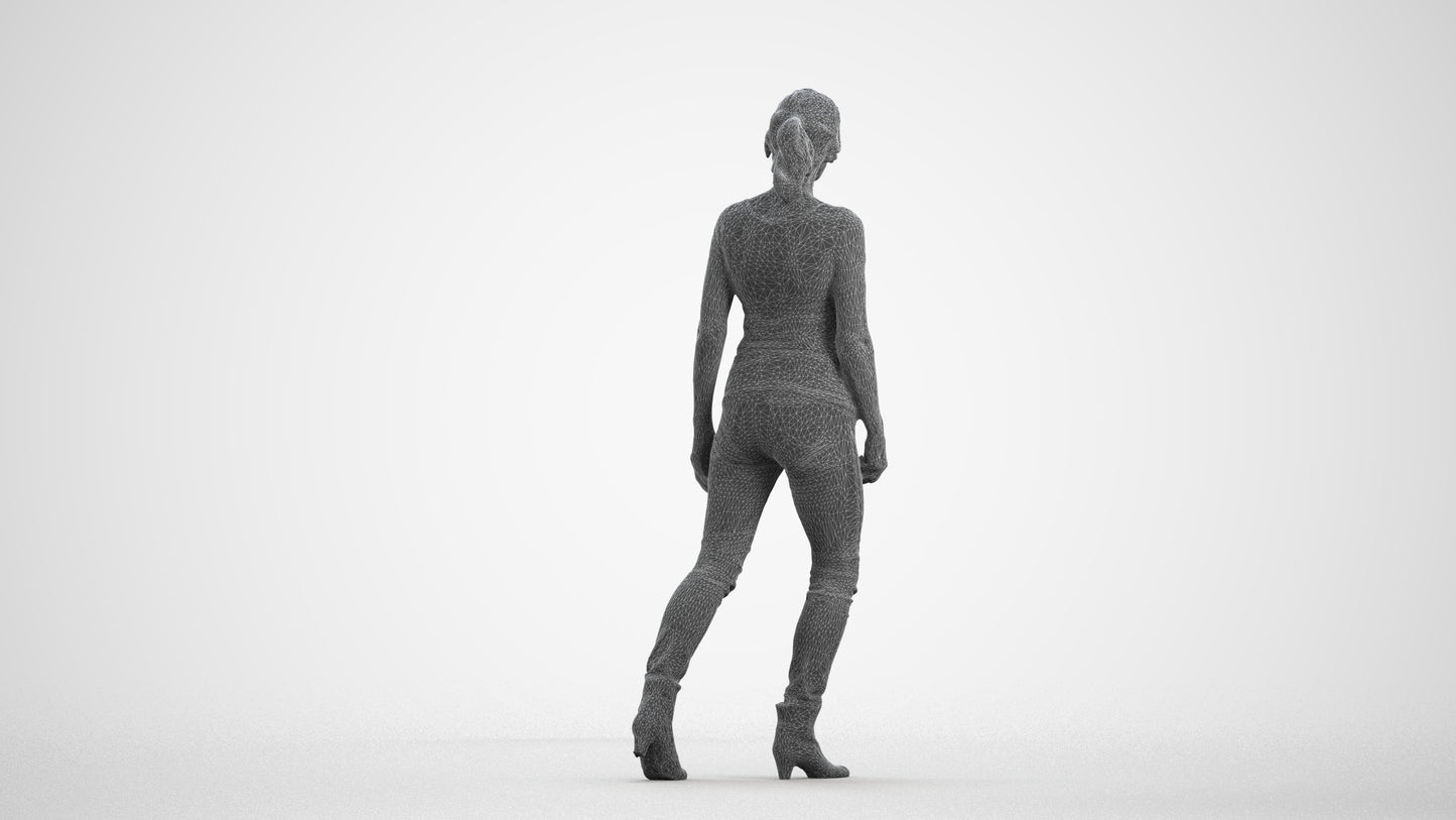 realistic 3D people senior woman casual walking, render-ready for V-Ray and Corona, FBX OBJ, wireframe front view