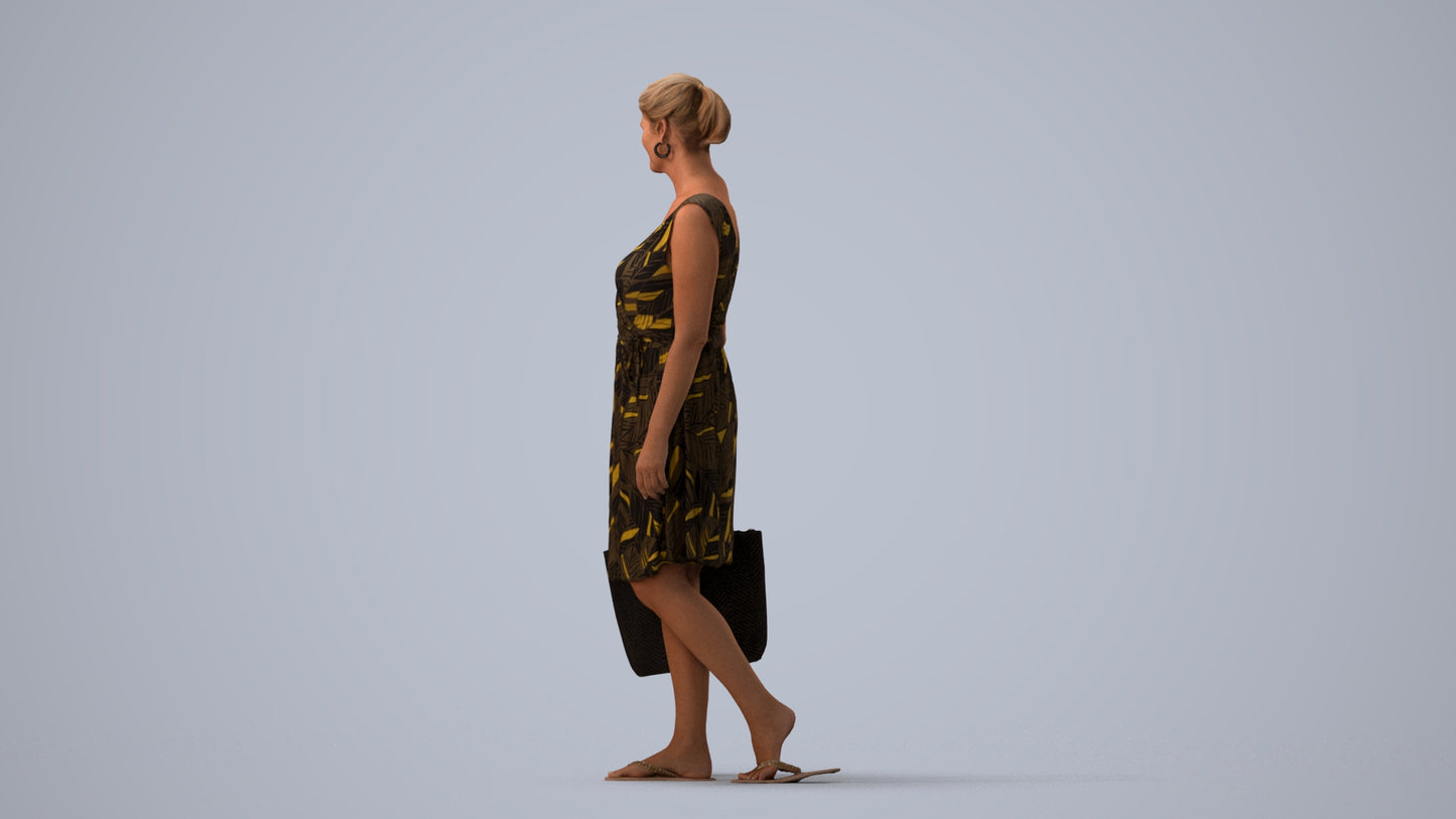 3D scanned woman shopping casual, photorealistic archviz people for Enscape and SketchUp, three-quarter view render