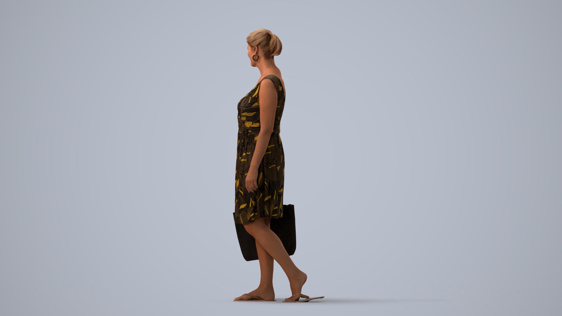 3D scanned woman shopping casual, photorealistic archviz people for Enscape and SketchUp, three-quarter view render