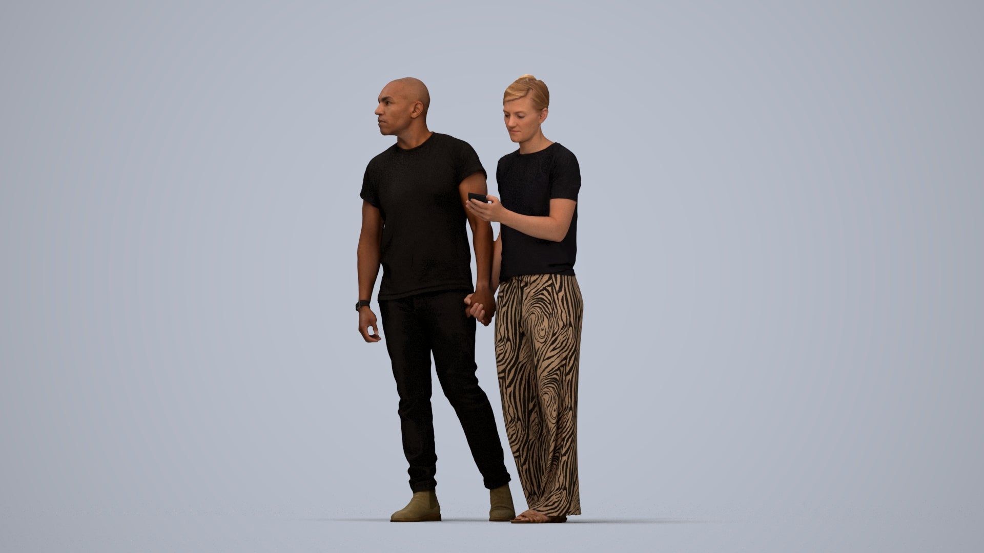 realistic 3D human woman casual couple, archviz people FBX OBJ for Blender, top-down view render