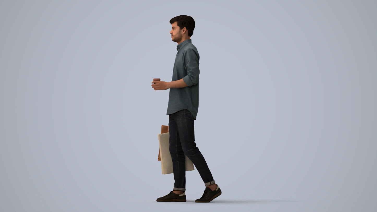 photogrammetry 3D man casual standing, realistic human model archviz FBX, three-quarter view render