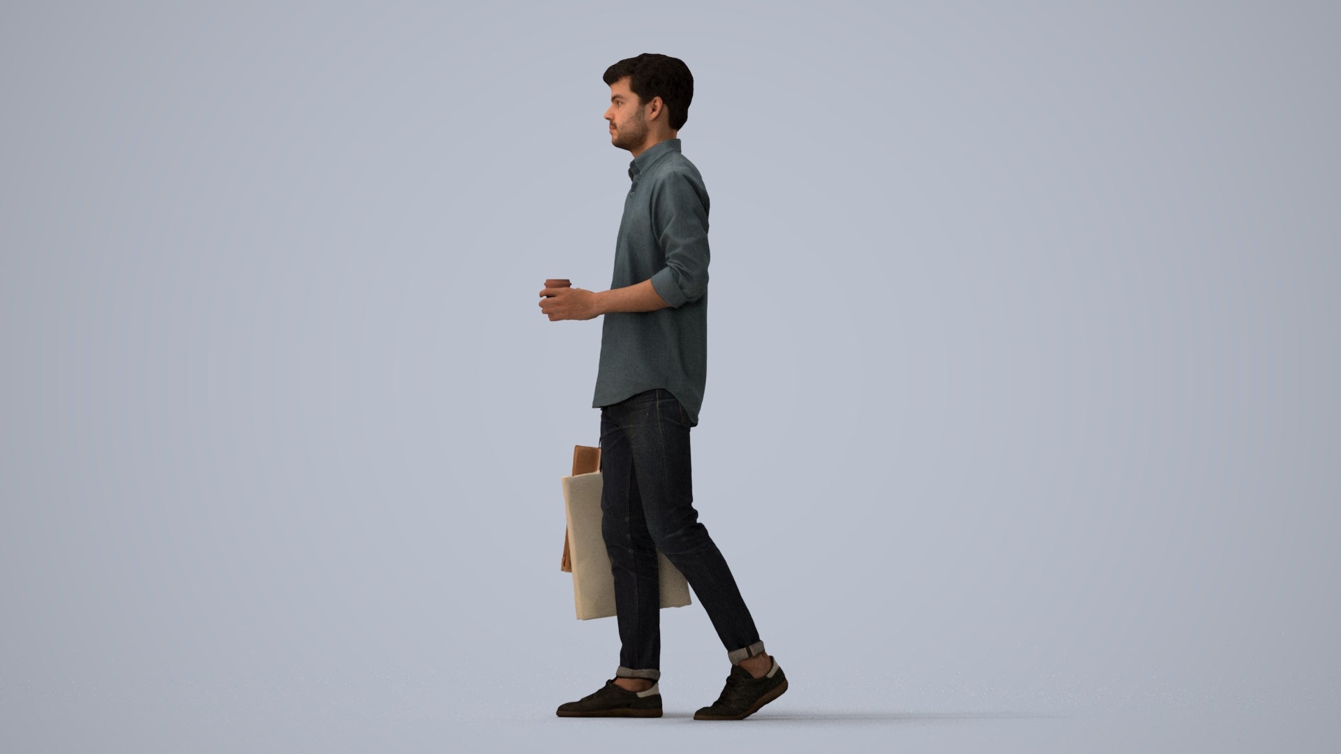 photogrammetry 3D man casual standing, realistic human model archviz FBX, three-quarter view render