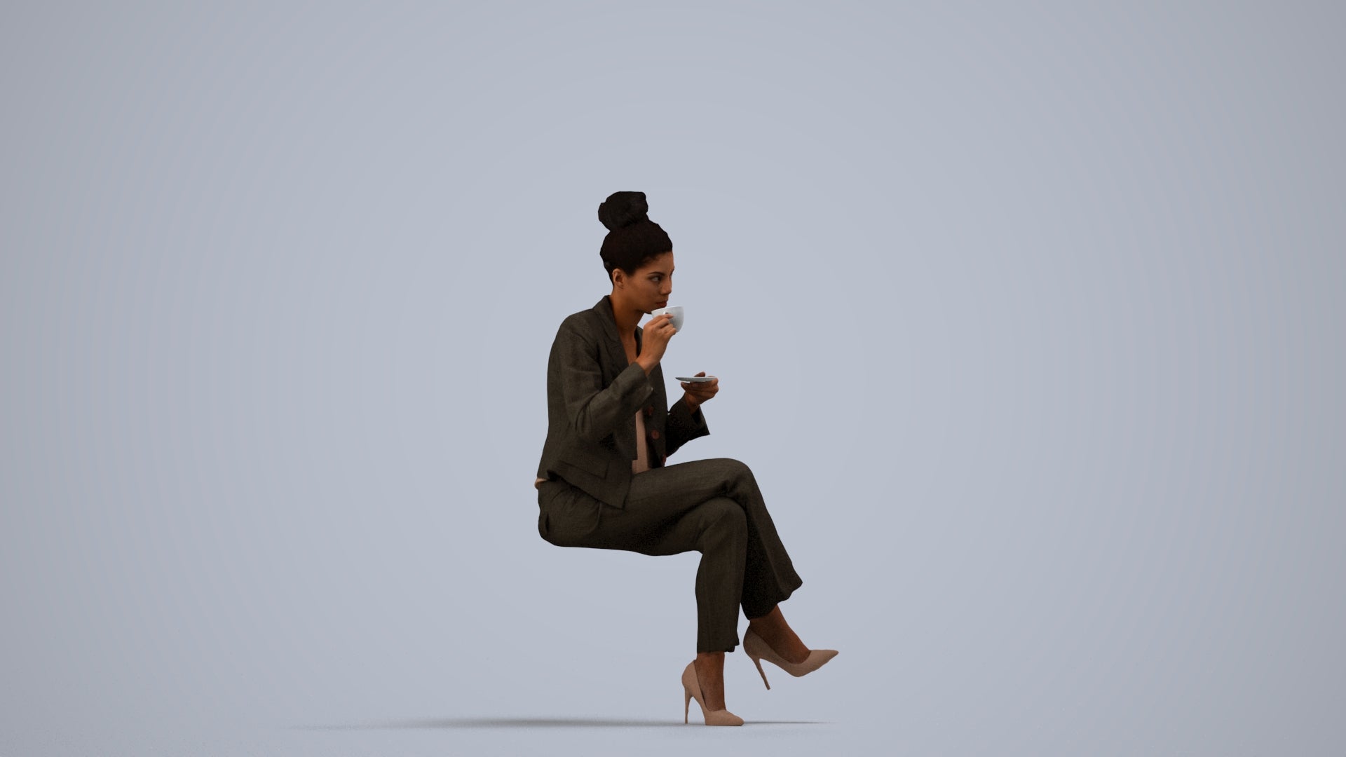 realistic 3D human woman business, archviz people FBX OBJ for Blender, side view render