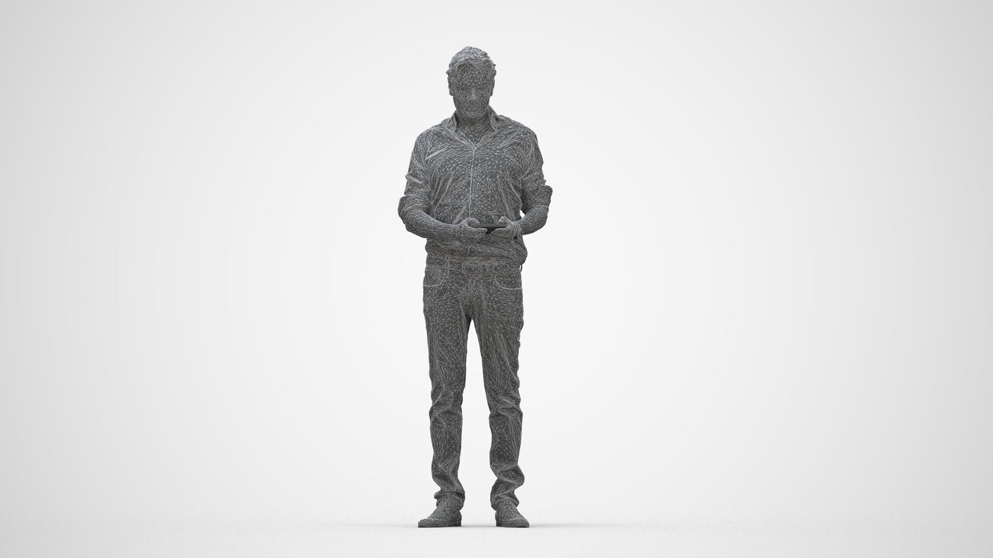 3D scanned man standing casual, photorealistic archviz people for Enscape and SketchUp, wireframe back view