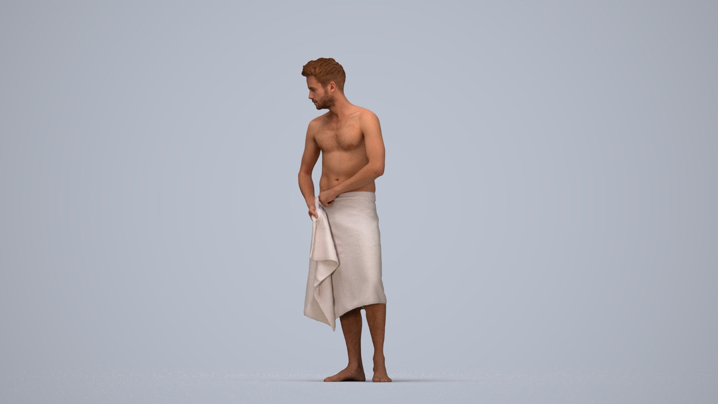3D human model man casual bathroom, photogrammetry scanned person for archviz, top-down view render