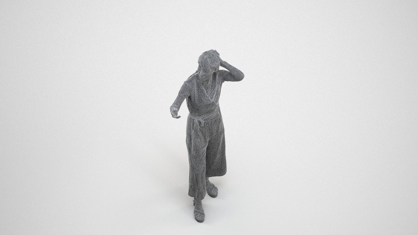 realistic 3D human senior woman casual standing, archviz people FBX OBJ for Blender, wireframe three-quarter view