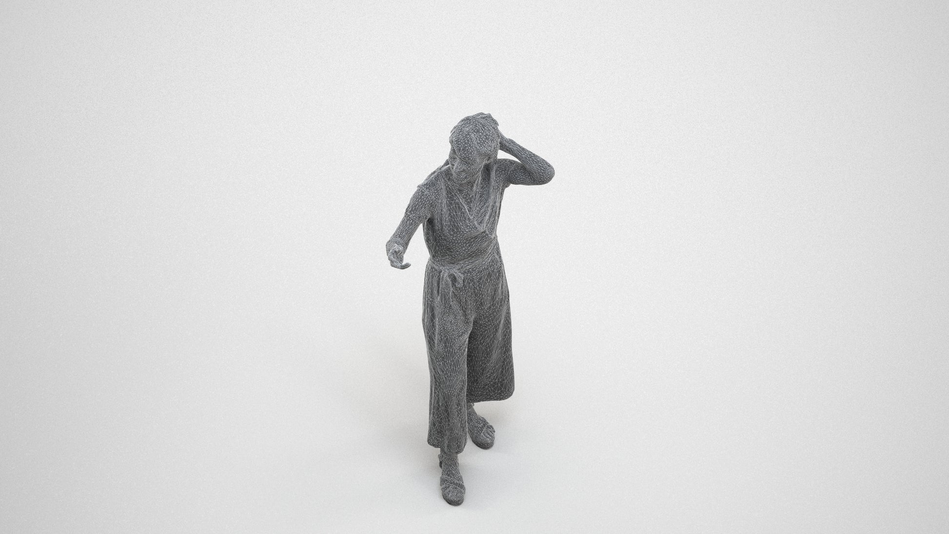 realistic 3D human senior woman casual standing, archviz people FBX OBJ for Blender, wireframe three-quarter view