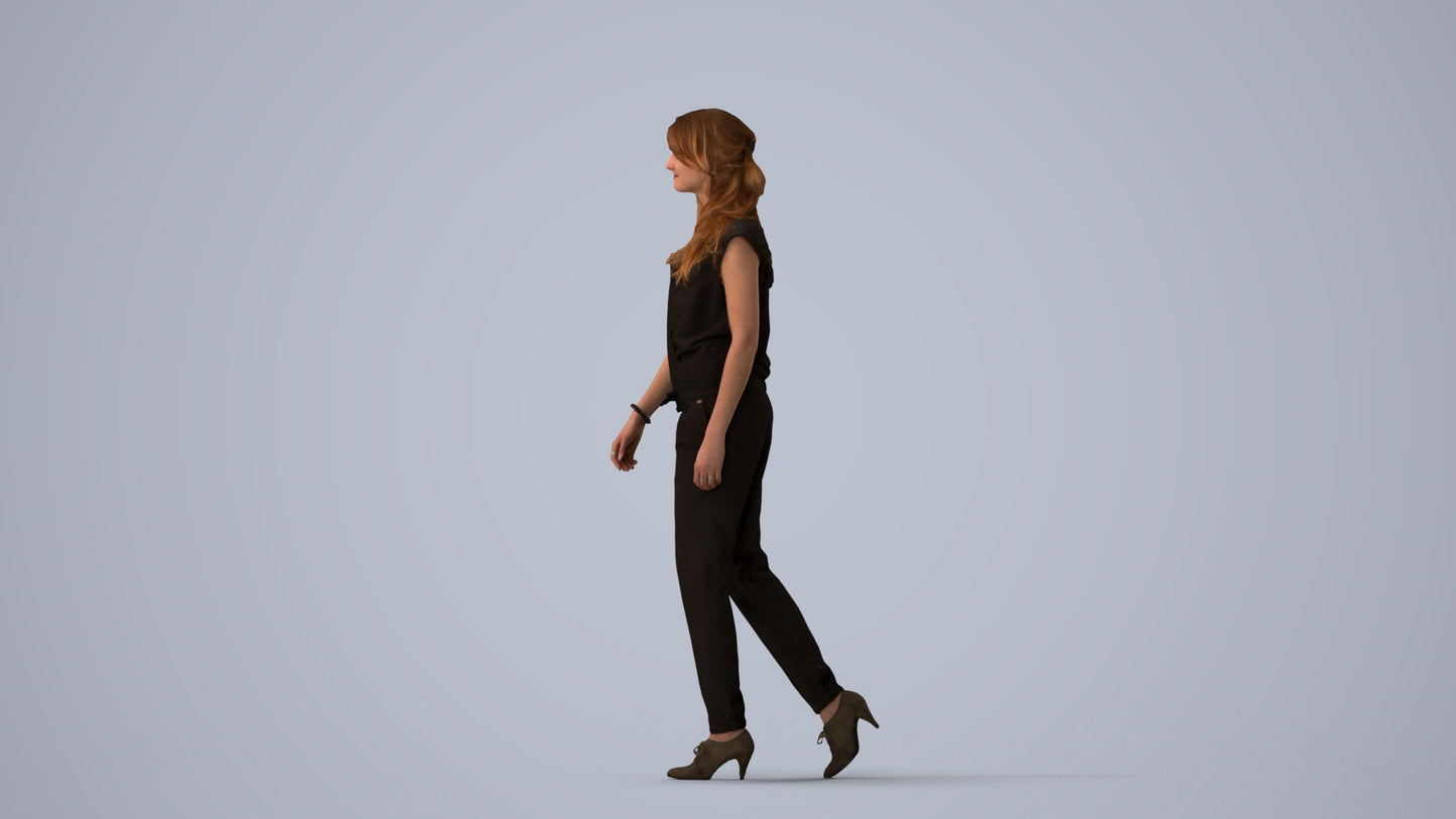 3D scanned woman walking casual, photorealistic archviz people for Enscape and SketchUp, three-quarter view render