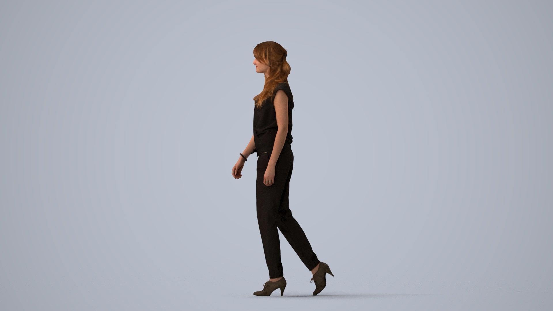 3D scanned woman walking casual, photorealistic archviz people for Enscape and SketchUp, three-quarter view render
