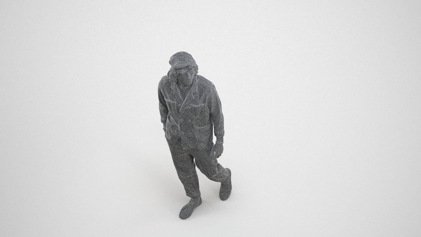 3D human model man casual walking, photogrammetry scanned person for archviz, wireframe three-quarter view