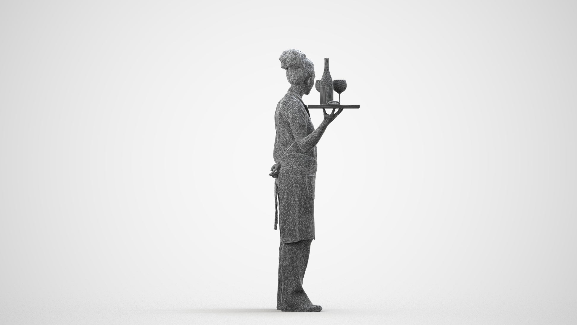 realistic 3D human woman hospitality, archviz people FBX OBJ for Blender, wireframe side view