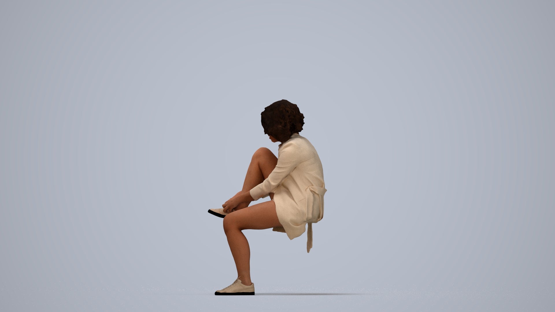 realistic 3D human woman business sitting, archviz people FBX OBJ for Blender, top-down view render