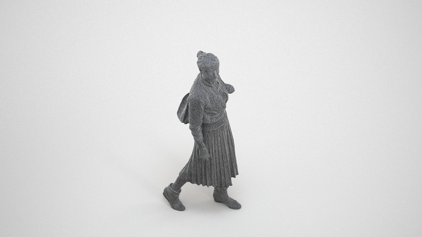 3D scanned senior woman walking casual, photorealistic archviz people for Enscape and SketchUp, wireframe three-quarter view